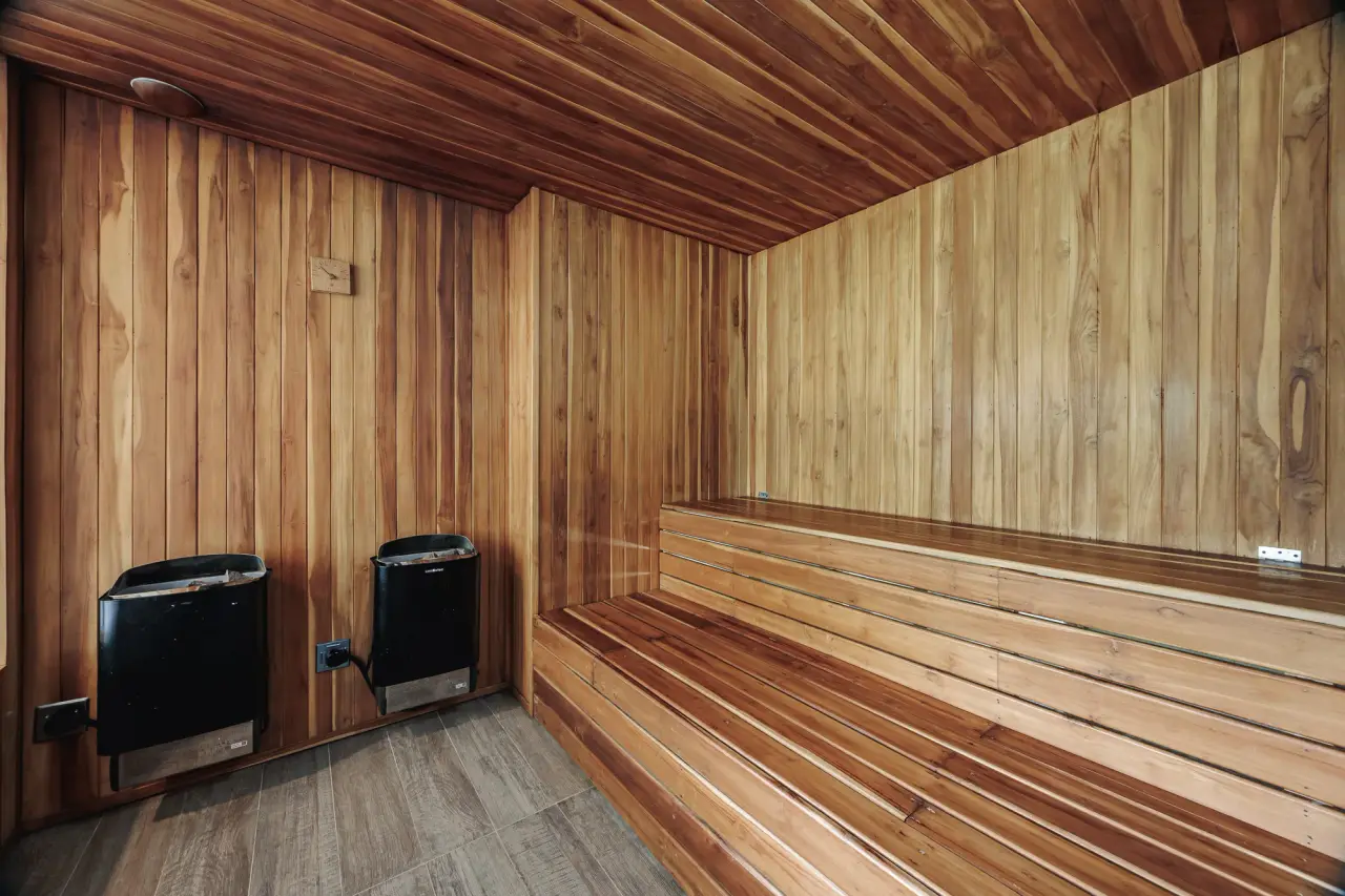 Wood-lined sauna in the complex